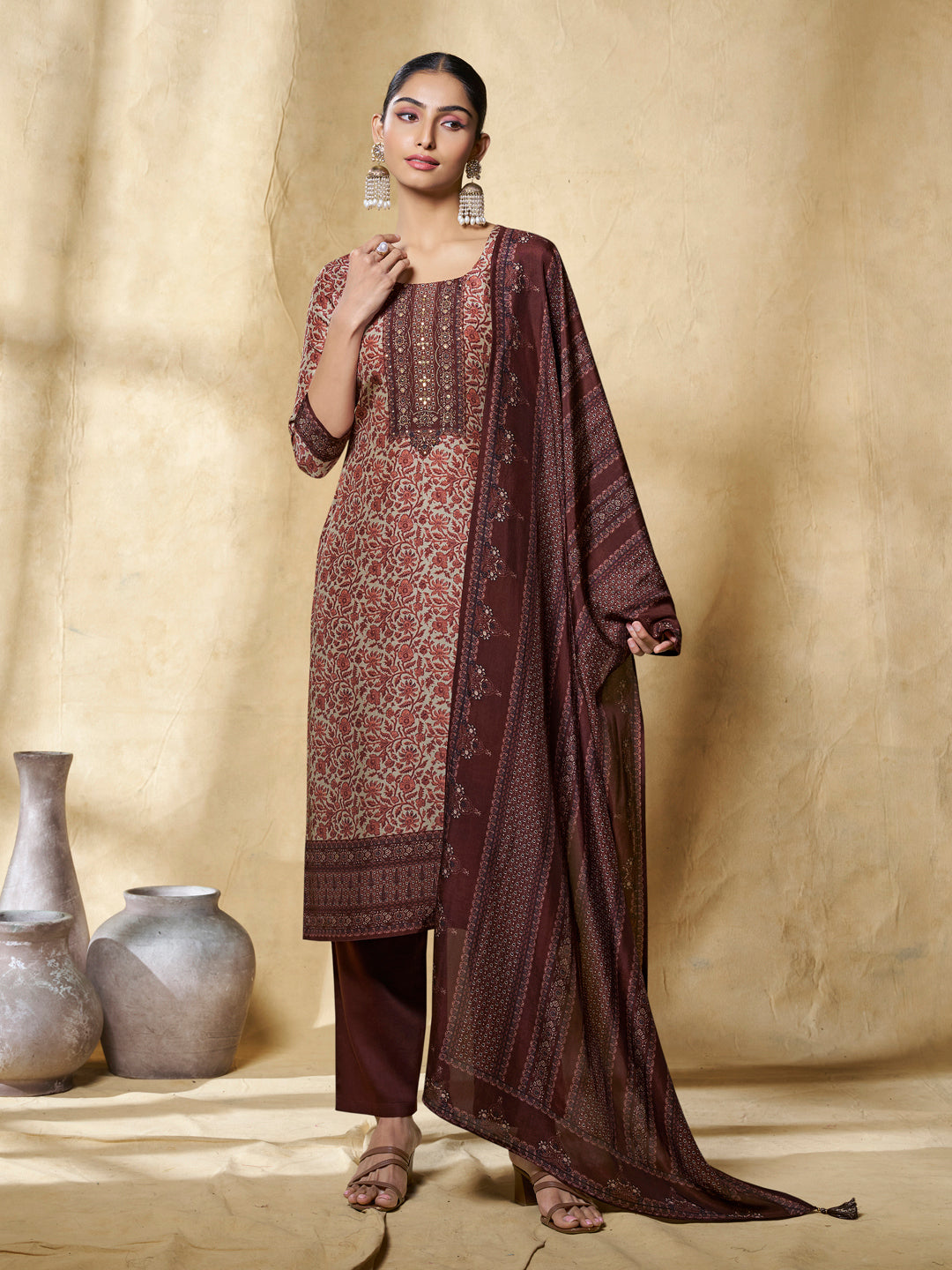 Brown Flower Printed With Handwork Straight Kurta With Dyed Trousers And Printed Dupatta