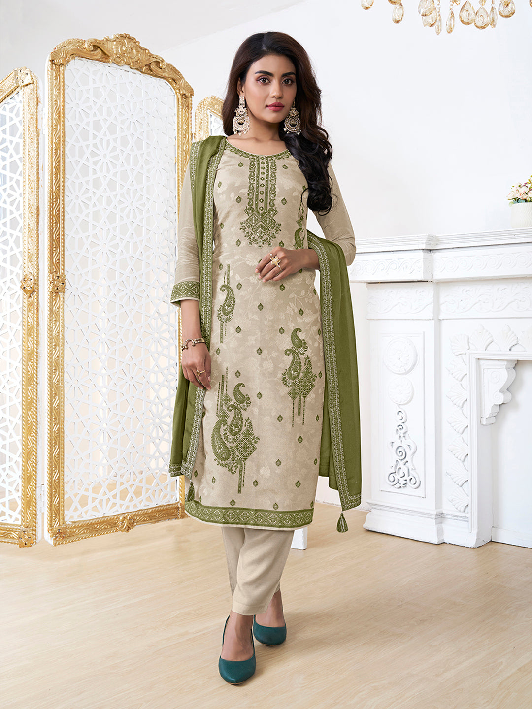 Cream Tissue Embossed Jacquard Kurta Suit Set - qivii