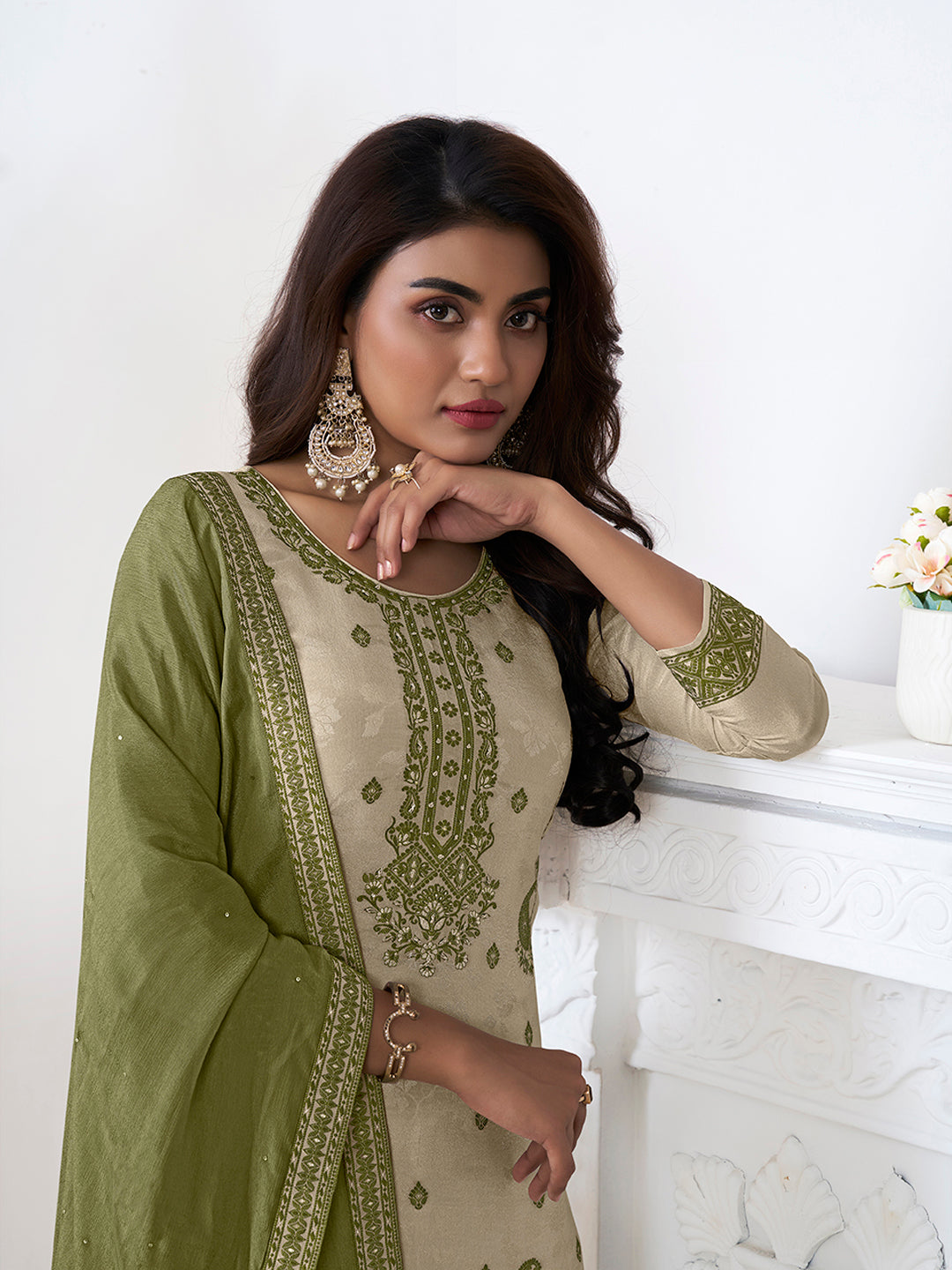 Cream Tissue Embossed Jacquard Kurta Suit Set - qivii