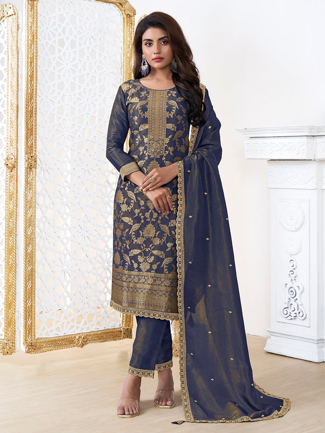 Blue Tissue Shimmer Jacquard Kurta Suit Set - qivii
