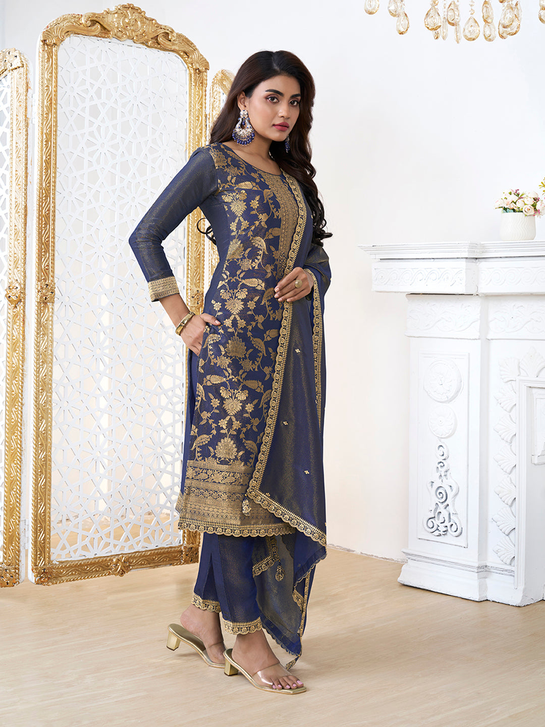 Blue Tissue Shimmer Jacquard Kurta Suit Set - qivii