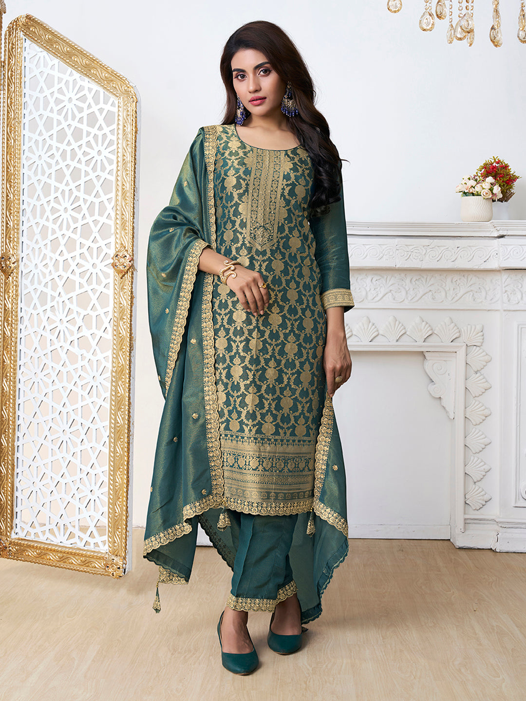 Green Tissue Shimmer Jacquard Kurta Suit Set - qivii