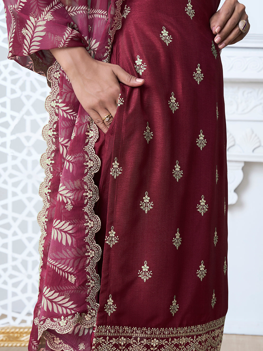 Dark Red Kurta Set in Dola Silk with Digital Print Dupatta