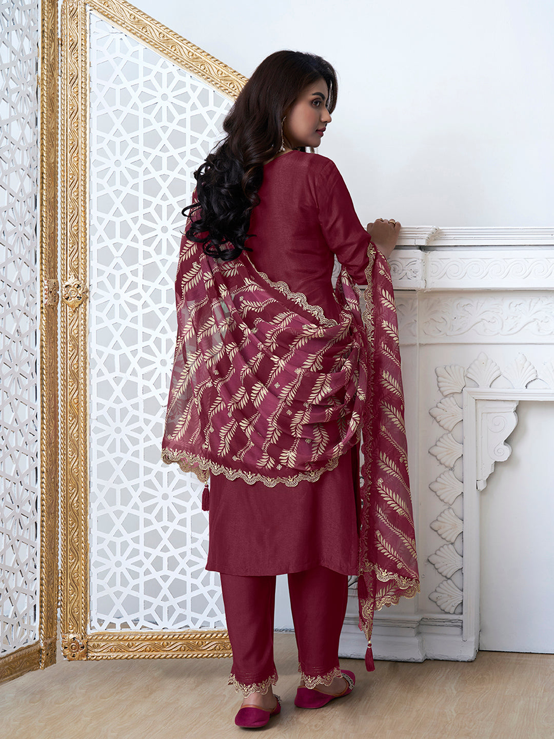 Dark Red Kurta Set in Dola Silk with Digital Print Dupatta