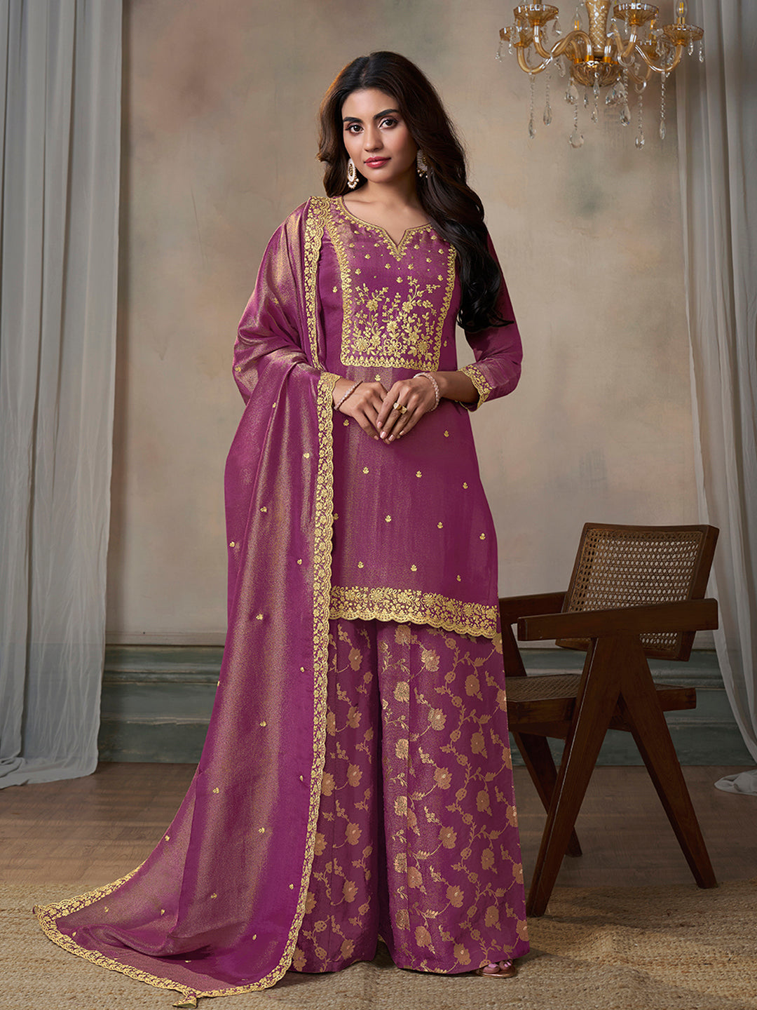 Pink Viscose Tissue with Pitta work Sharara Suit Set - qivii