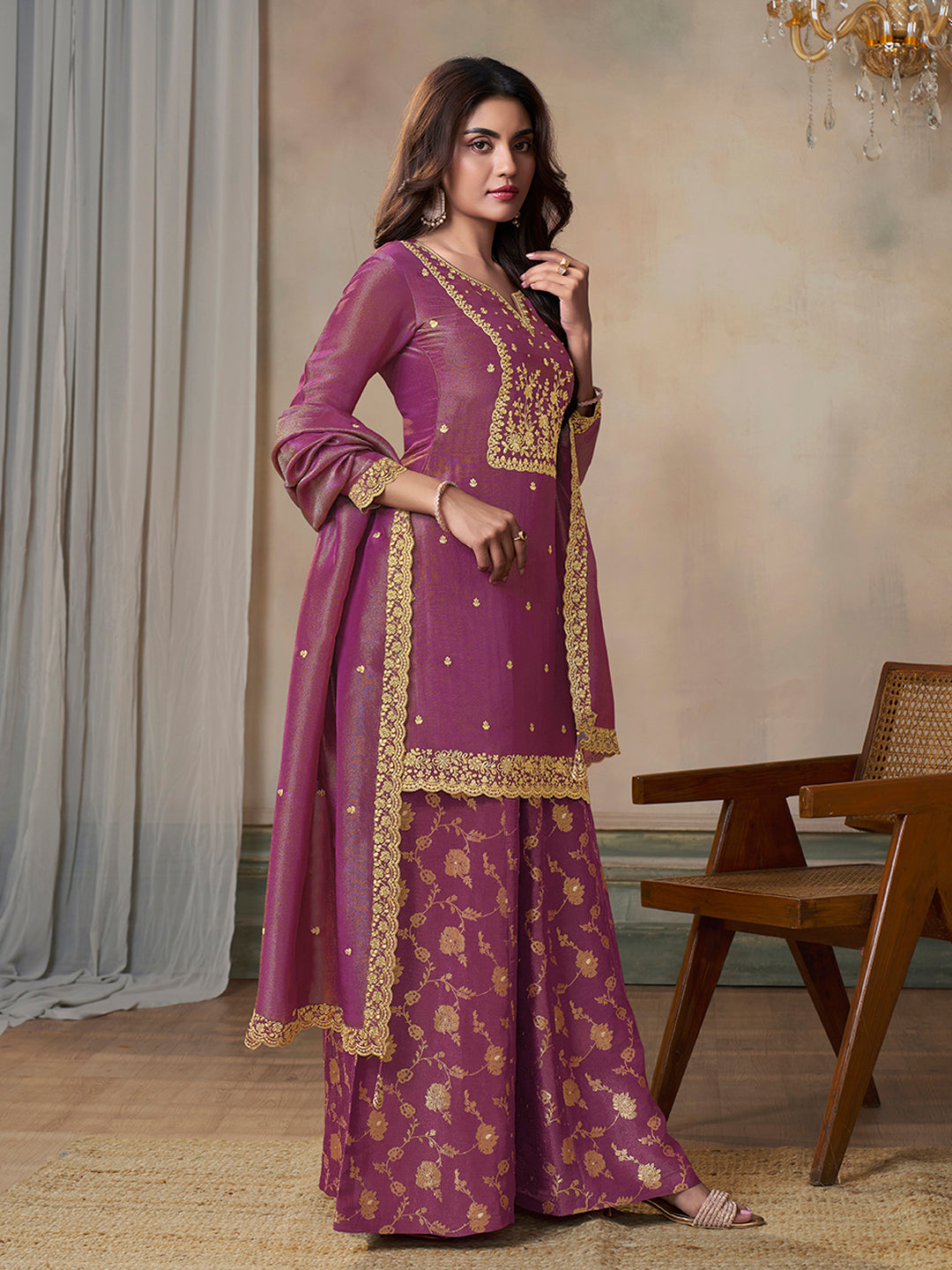 Pink Viscose Tissue with Pitta work Sharara Suit Set - qivii