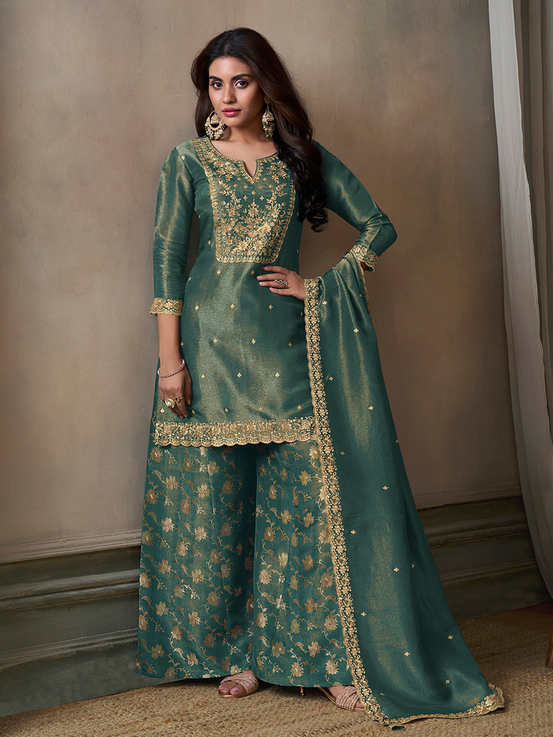 Sea Green Viscose Tissue with Pitta work Sharara Suit Set - qivii