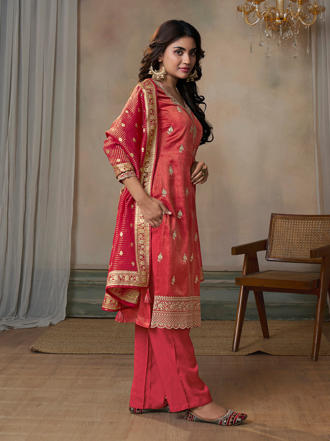 Red Viscose Tissue with Pitta work Kurta Suit Set - qivii