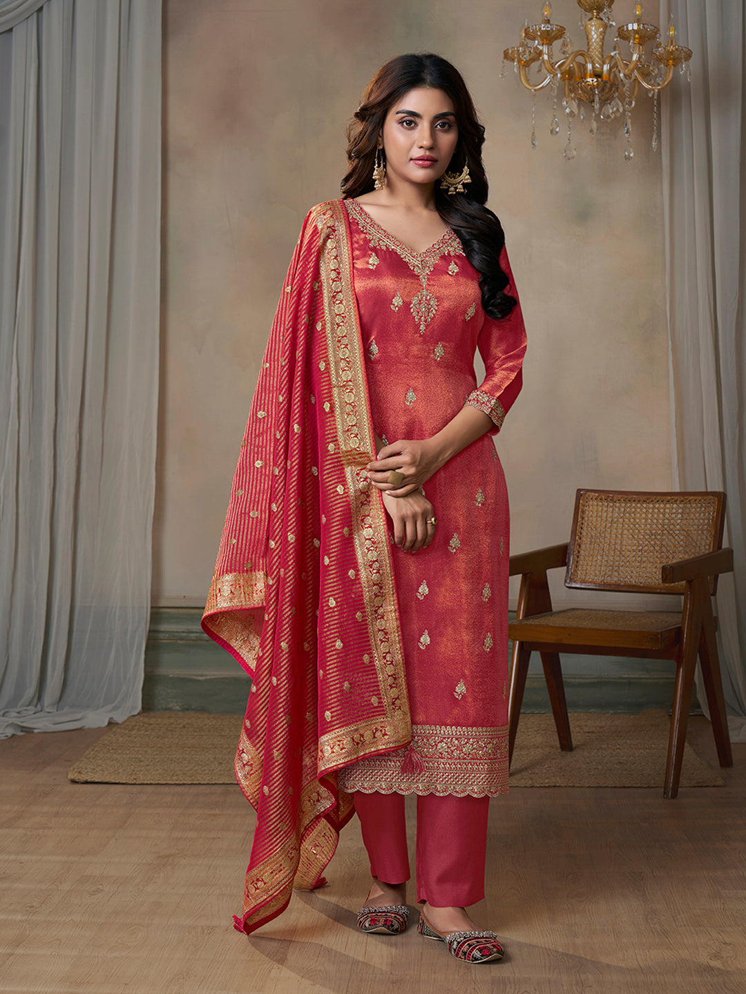 Red Viscose Tissue with Pitta work Kurta Suit Set - qivii