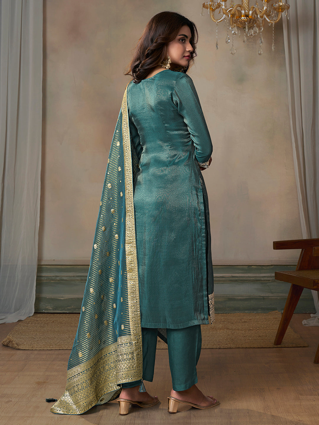 Green Viscose Tissue with Pitta work Kurta Suit Set - qivii