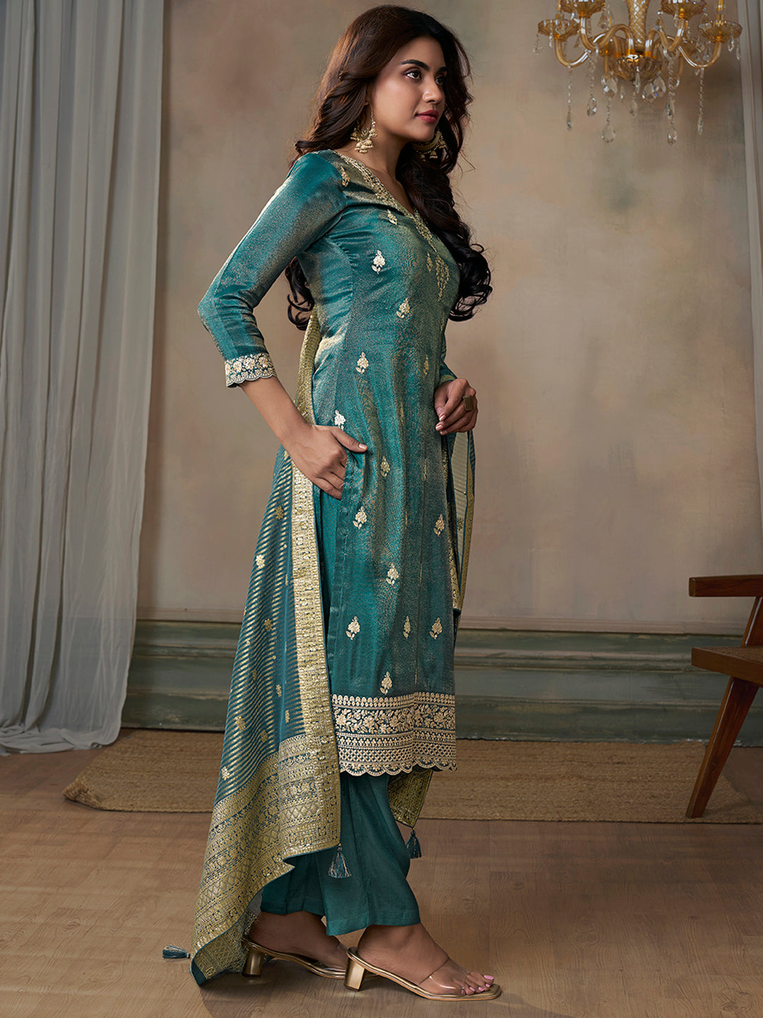 Green Viscose Tissue with Pitta work Kurta Suit Set - qivii