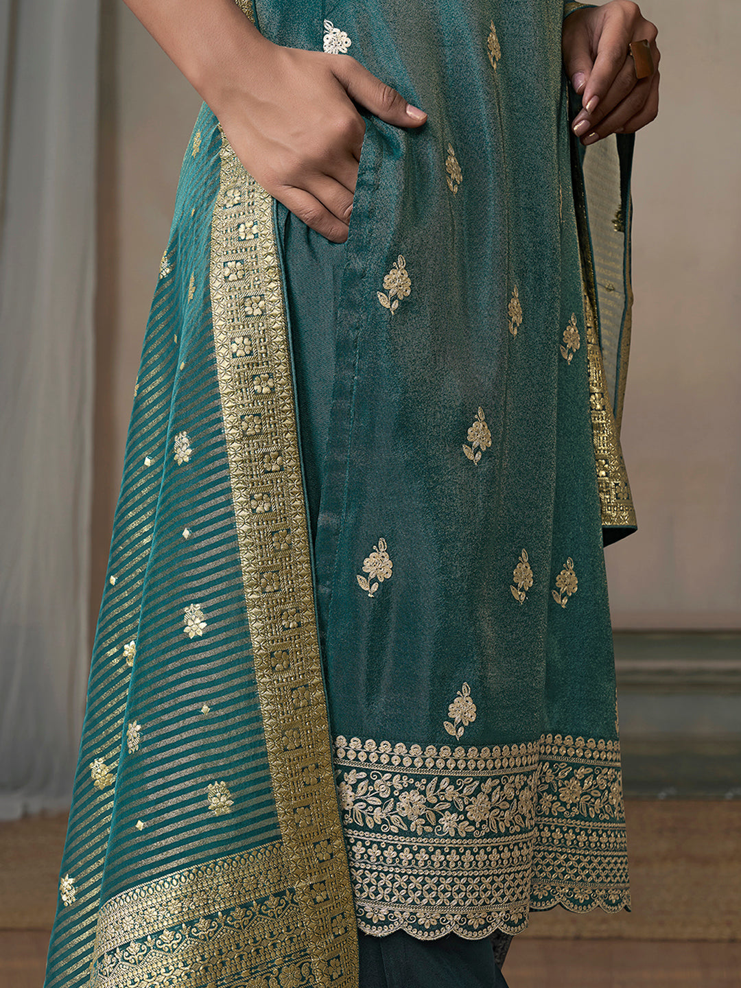 Green Viscose Tissue with Pitta work Kurta Suit Set - qivii