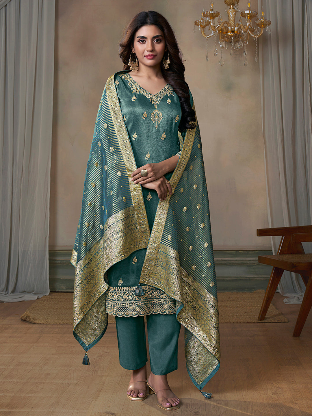 Green Viscose Tissue with Pitta work Kurta Suit Set - qivii