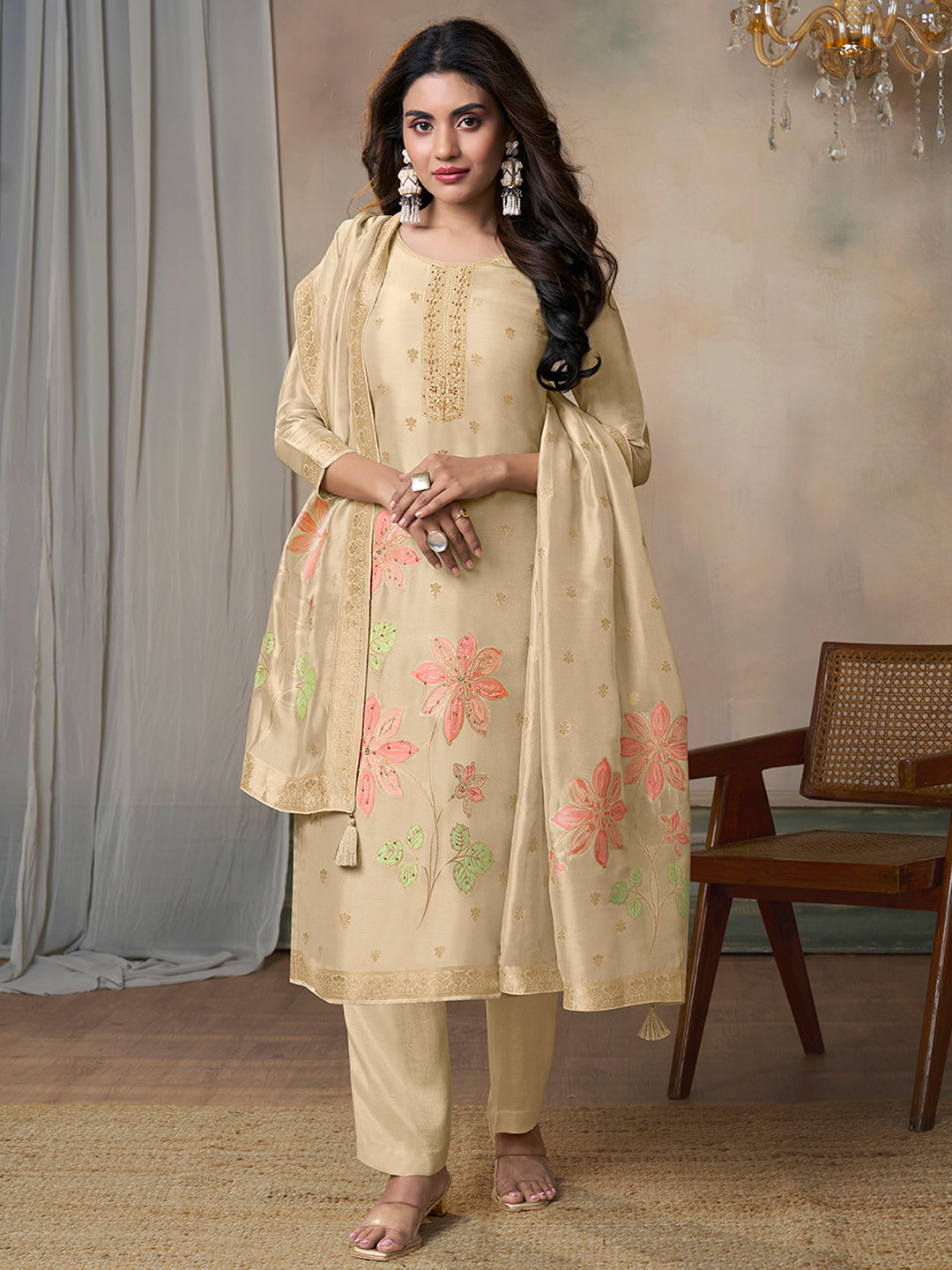 Off-White Organza Jacquard Floral Top Dyed Kurta Suit Set - qivii