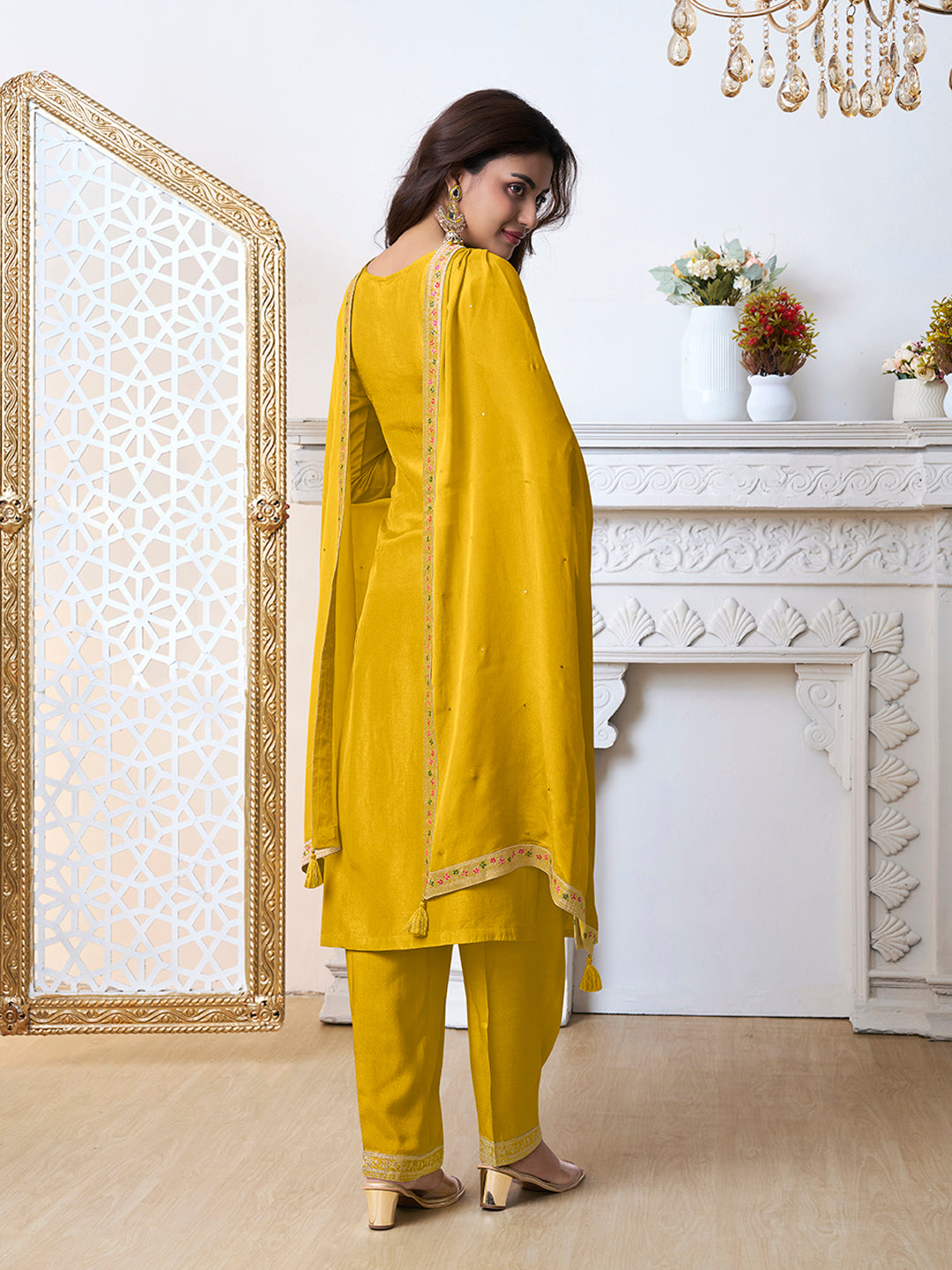 Yellow Meena Jacquard Kurta With Dupatta