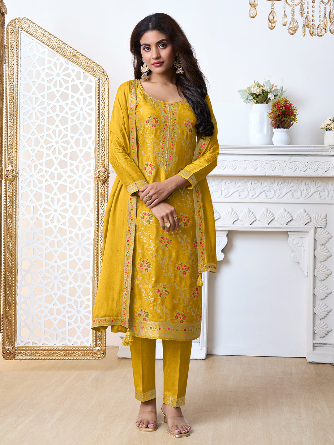 Yellow Meena Jacquard Kurta Suit Set - qivii