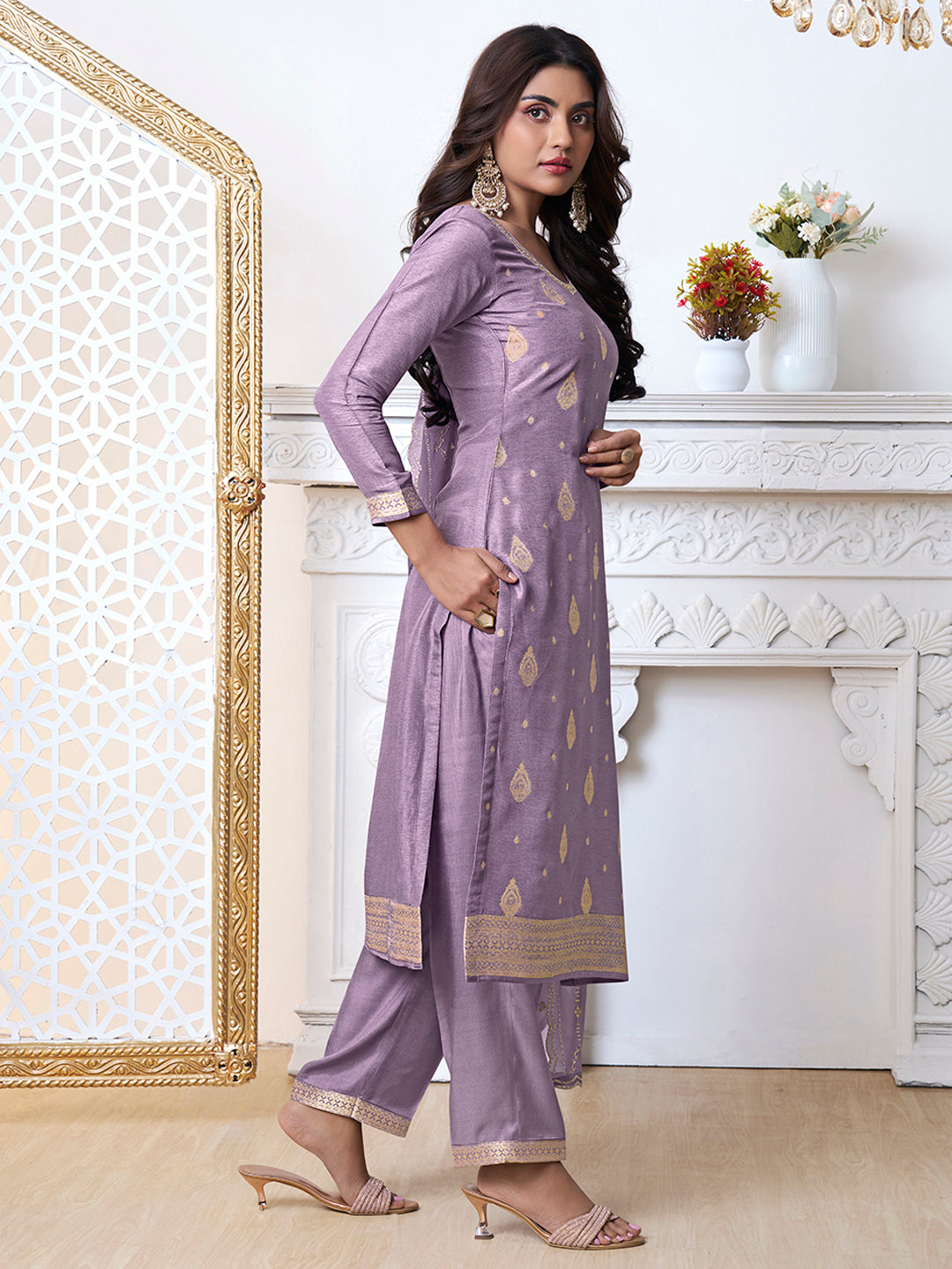 Purple Dola Ethic Motifs Jacquard with Embroidered Kurta Suit Set. - qivii