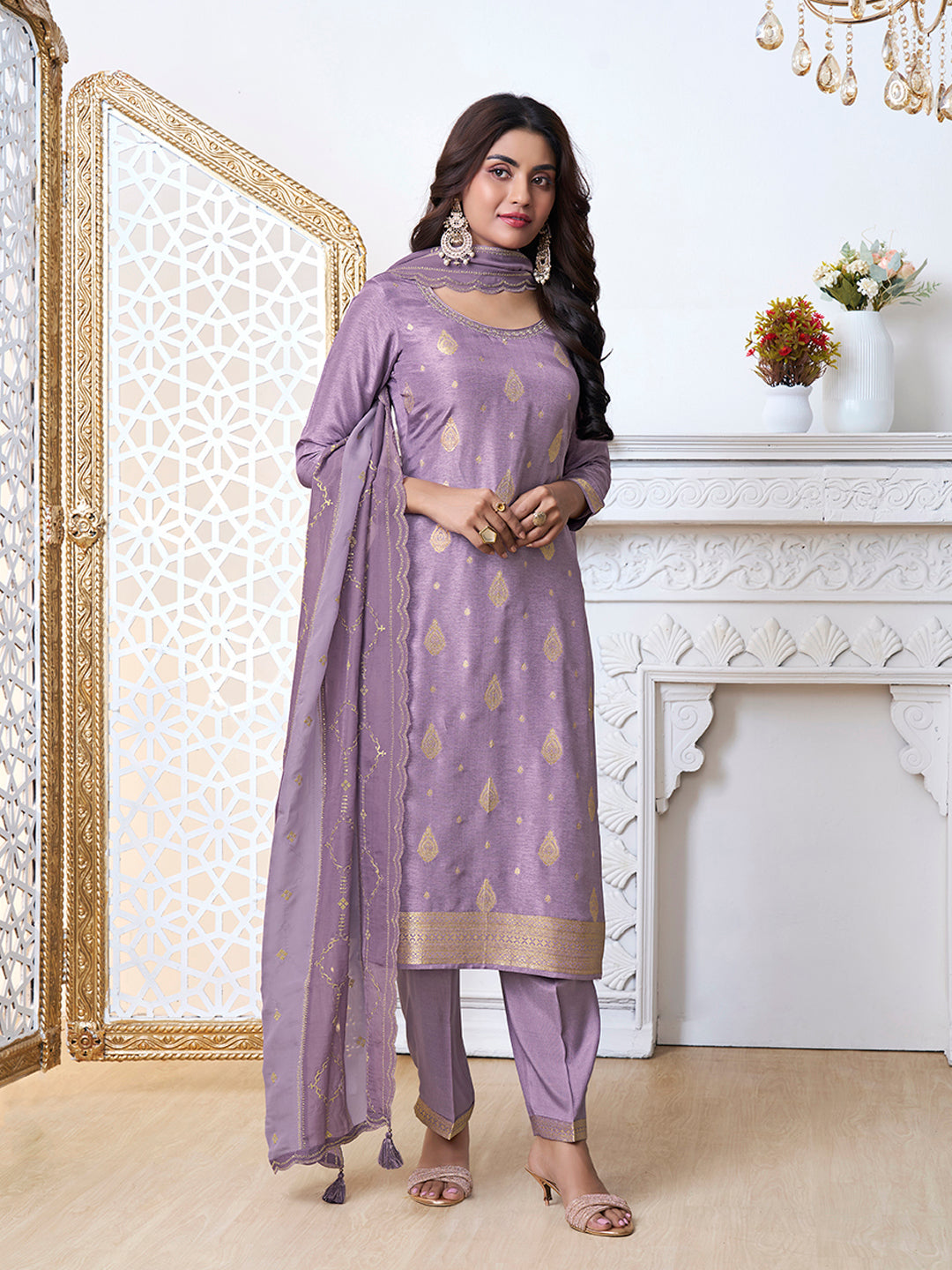 Purple Dola Ethnic Motifs Jacquard with Embroidered Kurta Suit Set - qivii