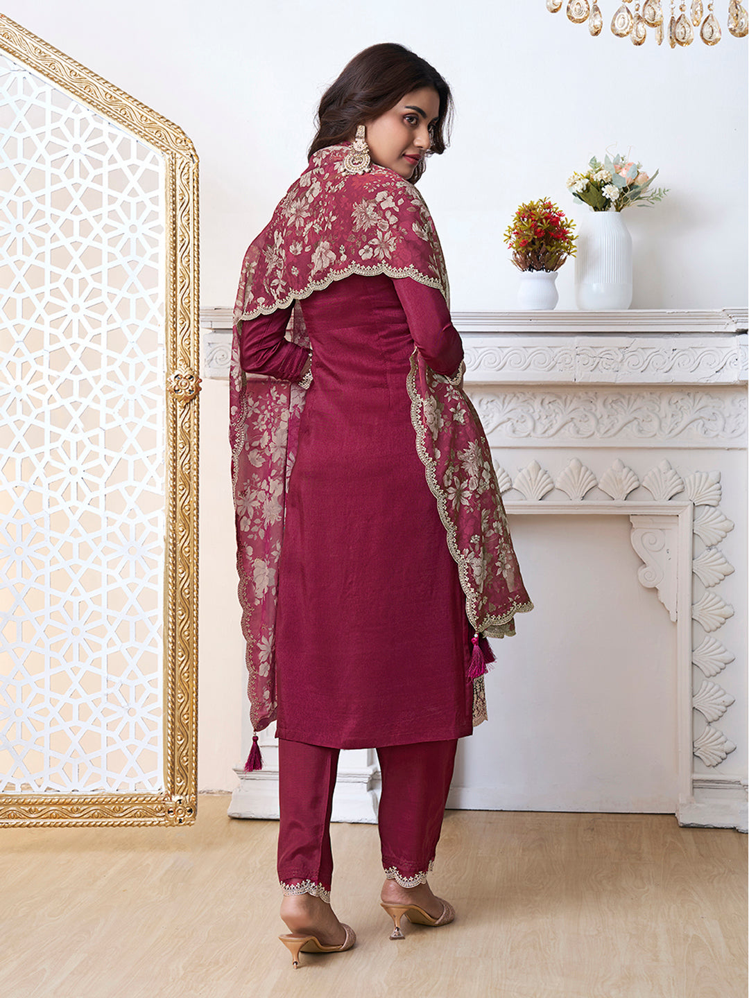 Maroon Cutwork Neckline Dola Silk Kurta Suit Set with floral Printed Dupatta