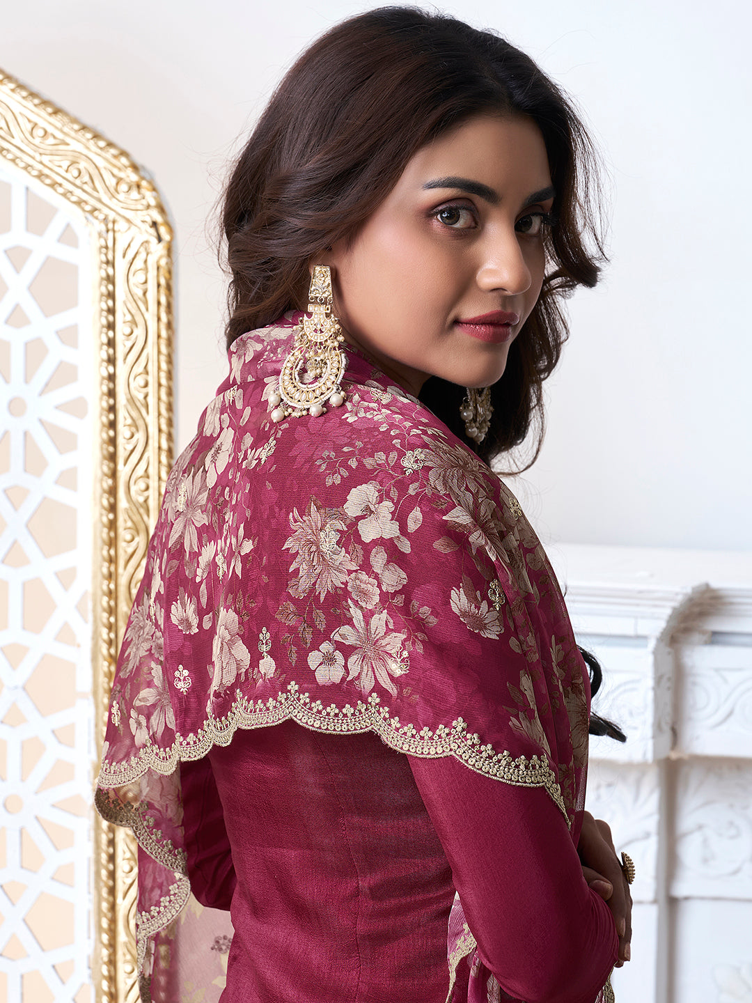 Maroon Cutwork Neckline Dola Silk Kurta Suit Set with floral Printed Dupatta