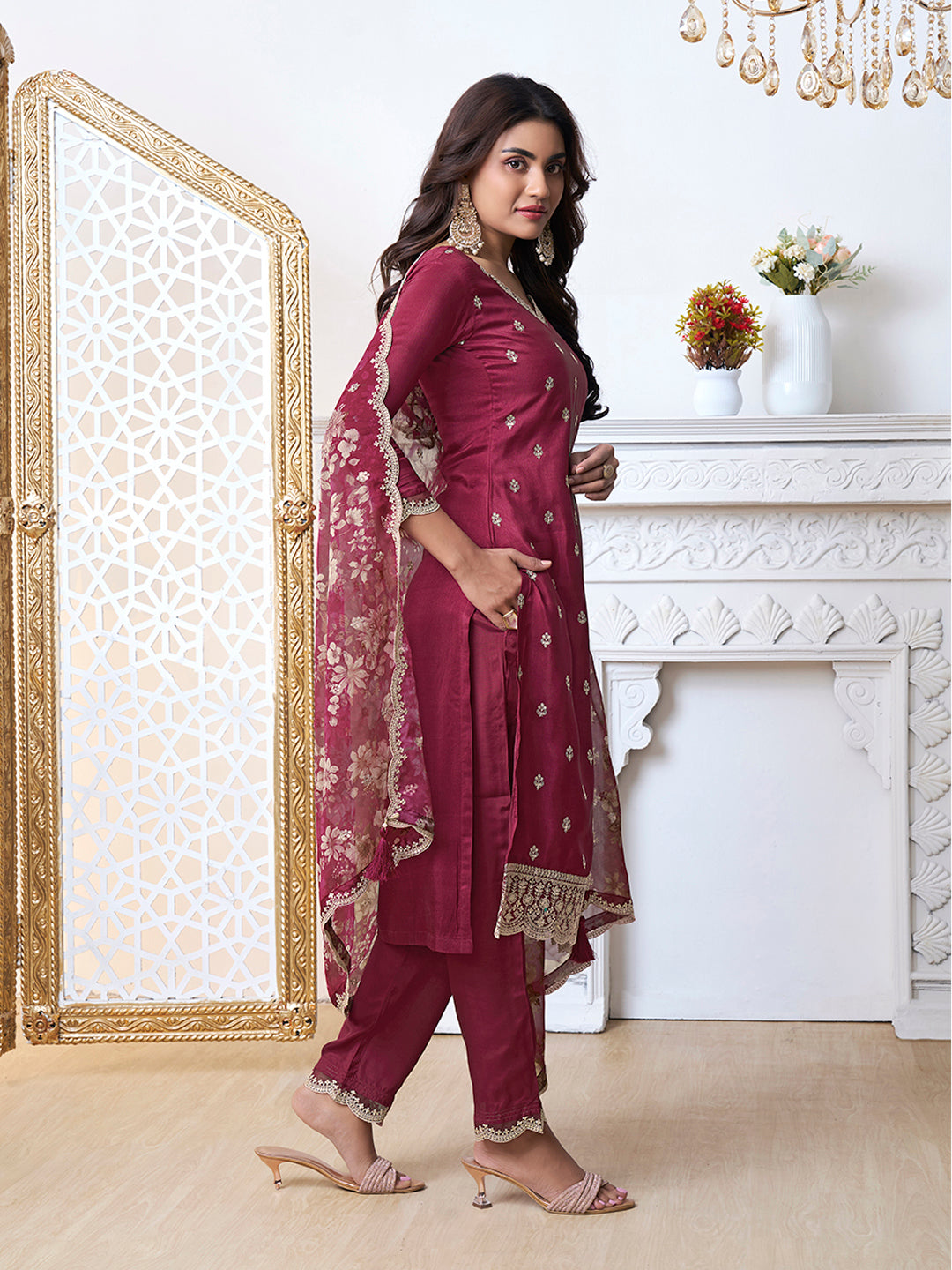 Maroon Cutwork Neckline Dola Silk Kurta Suit Set with floral Printed Dupatta