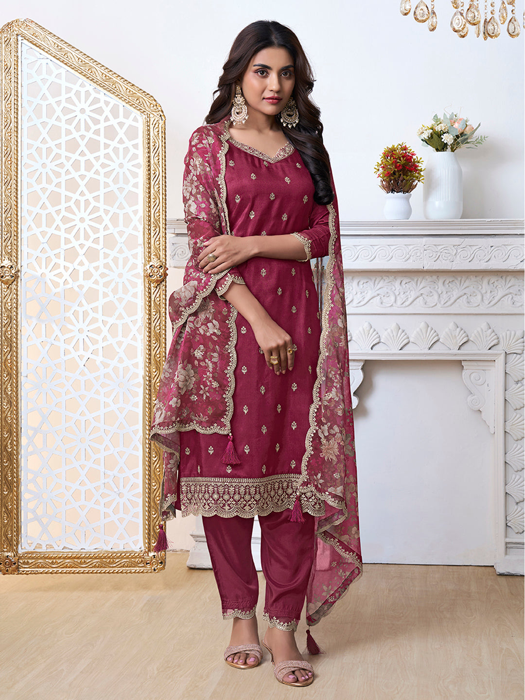 Maroon Cutwork Neckline Dola Silk Kurta Suit Set with floral Printed Dupatta