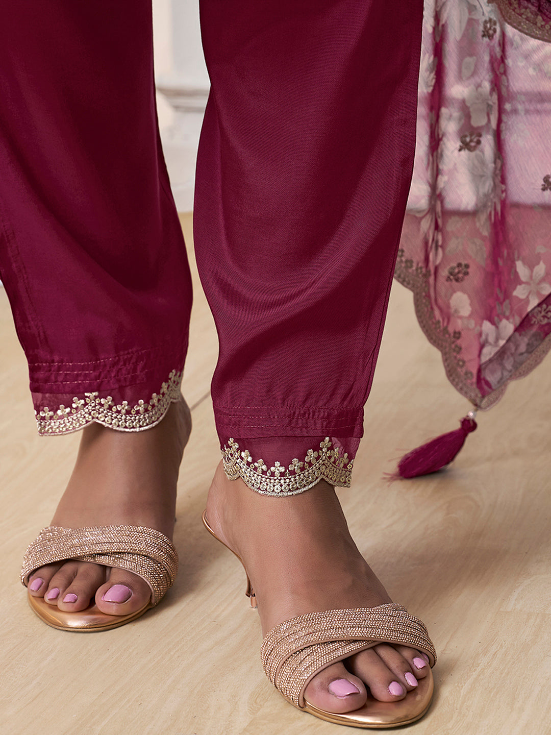 Maroon Cutwork Neckline Dola Silk Kurta Suit Set with floral Printed Dupatta