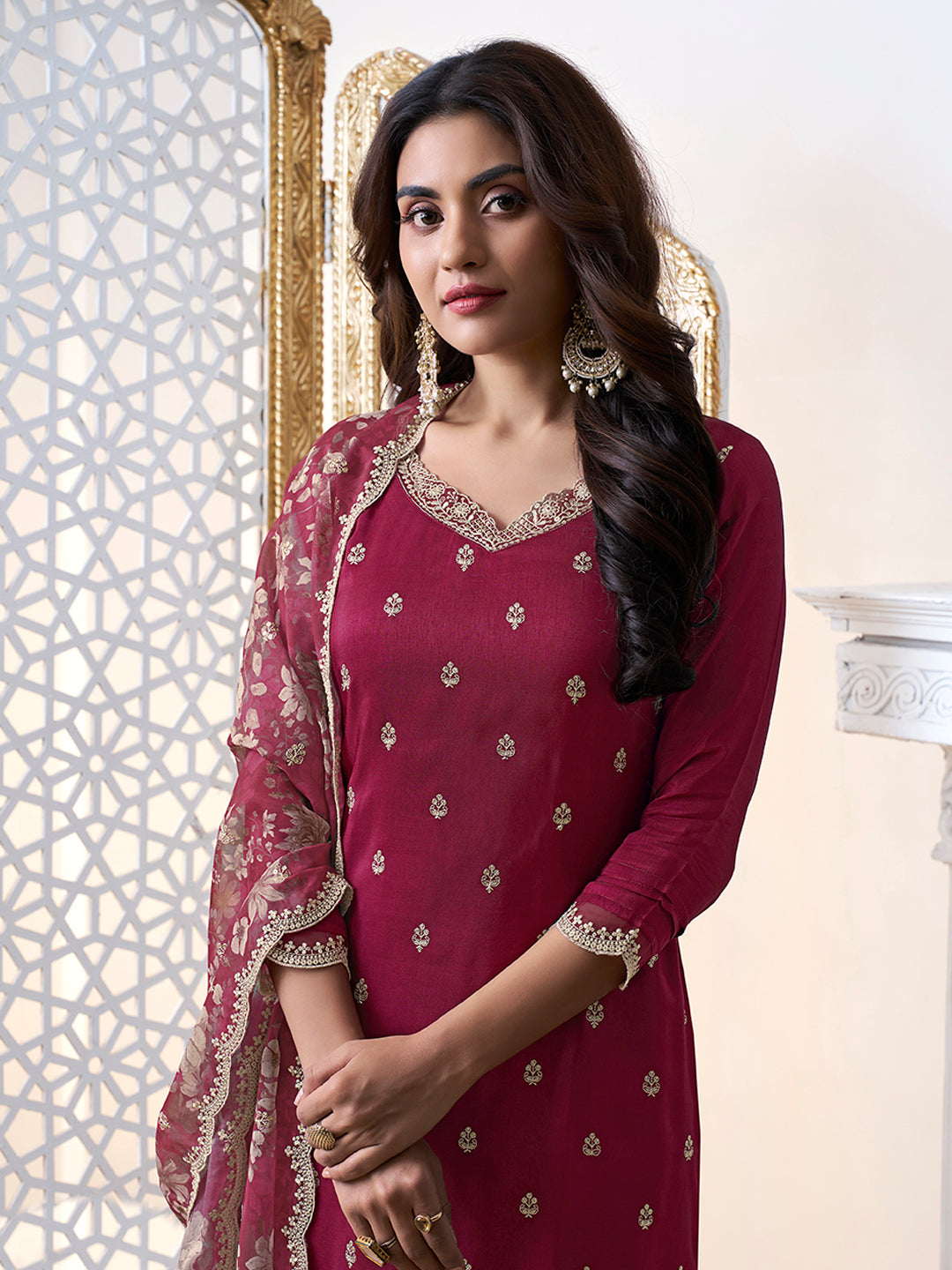 Maroon Cutwork Neckline Dola Silk Kurta Suit Set with floral Printed Dupatta
