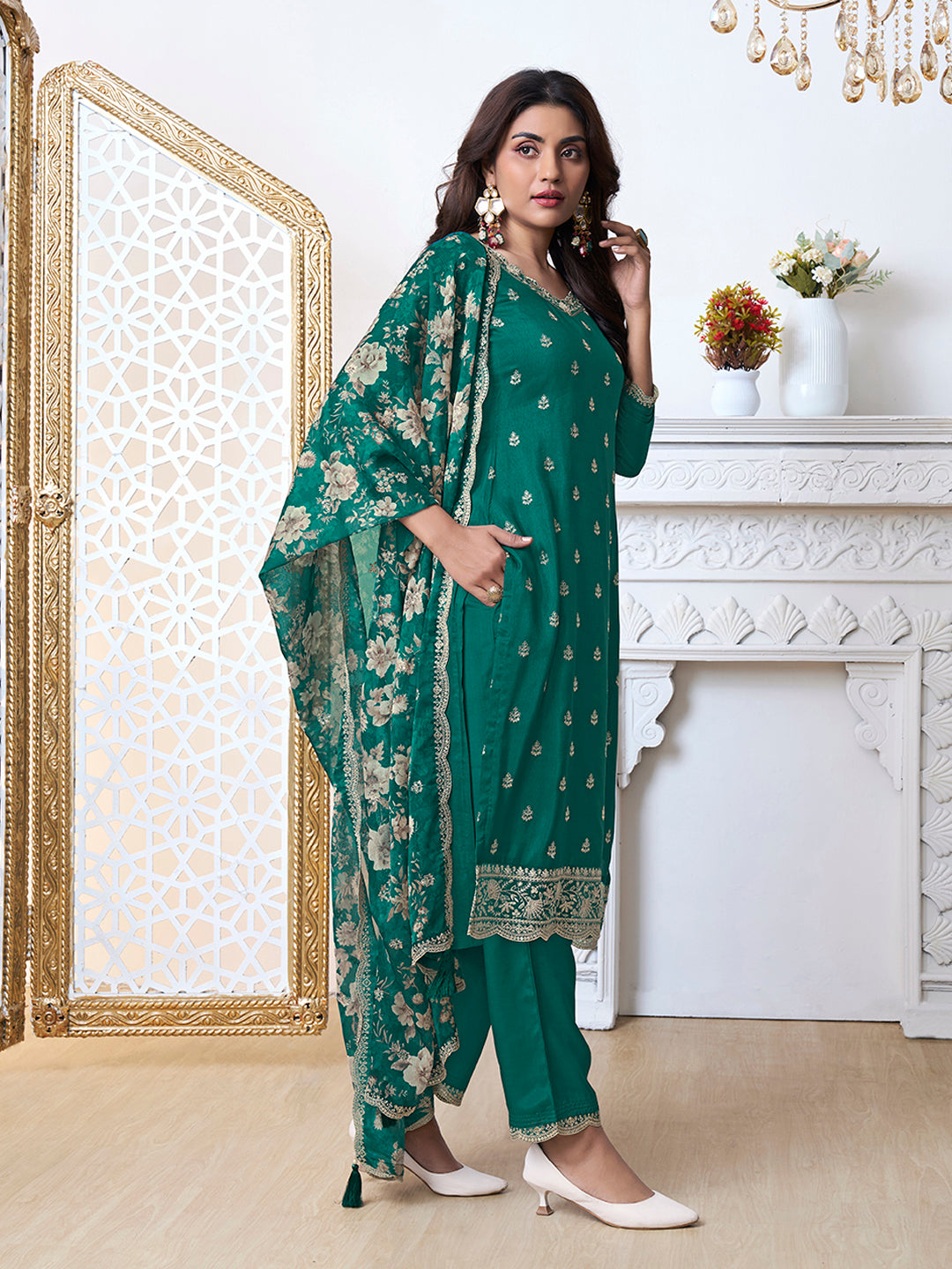 Green Dola Silk Kurta Set Suit with Floral Printed Dupatta - qivii