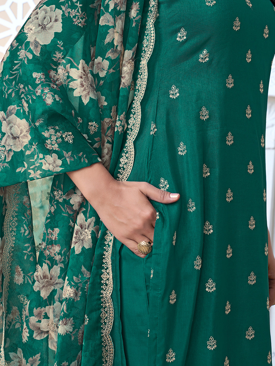 Green Dola Silk Kurta Set Suit with Floral Printed Dupatta