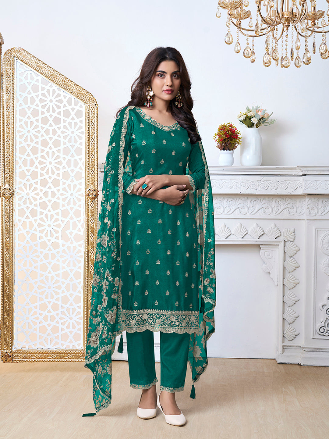 Green Dola Silk Kurta Set Suit with Floral Printed Dupatta - qivii