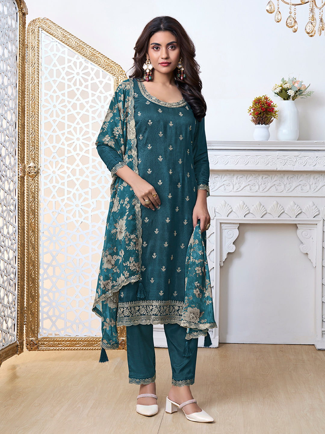 Blue Cutwork Neckline Dola Silk Kurta Suit Set with floral Printed Dupatta - qivii