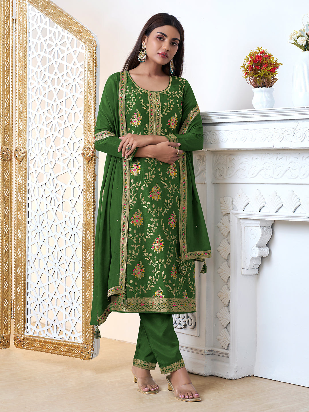 Green Meena Jacquard Kurta Suit Set - qivii