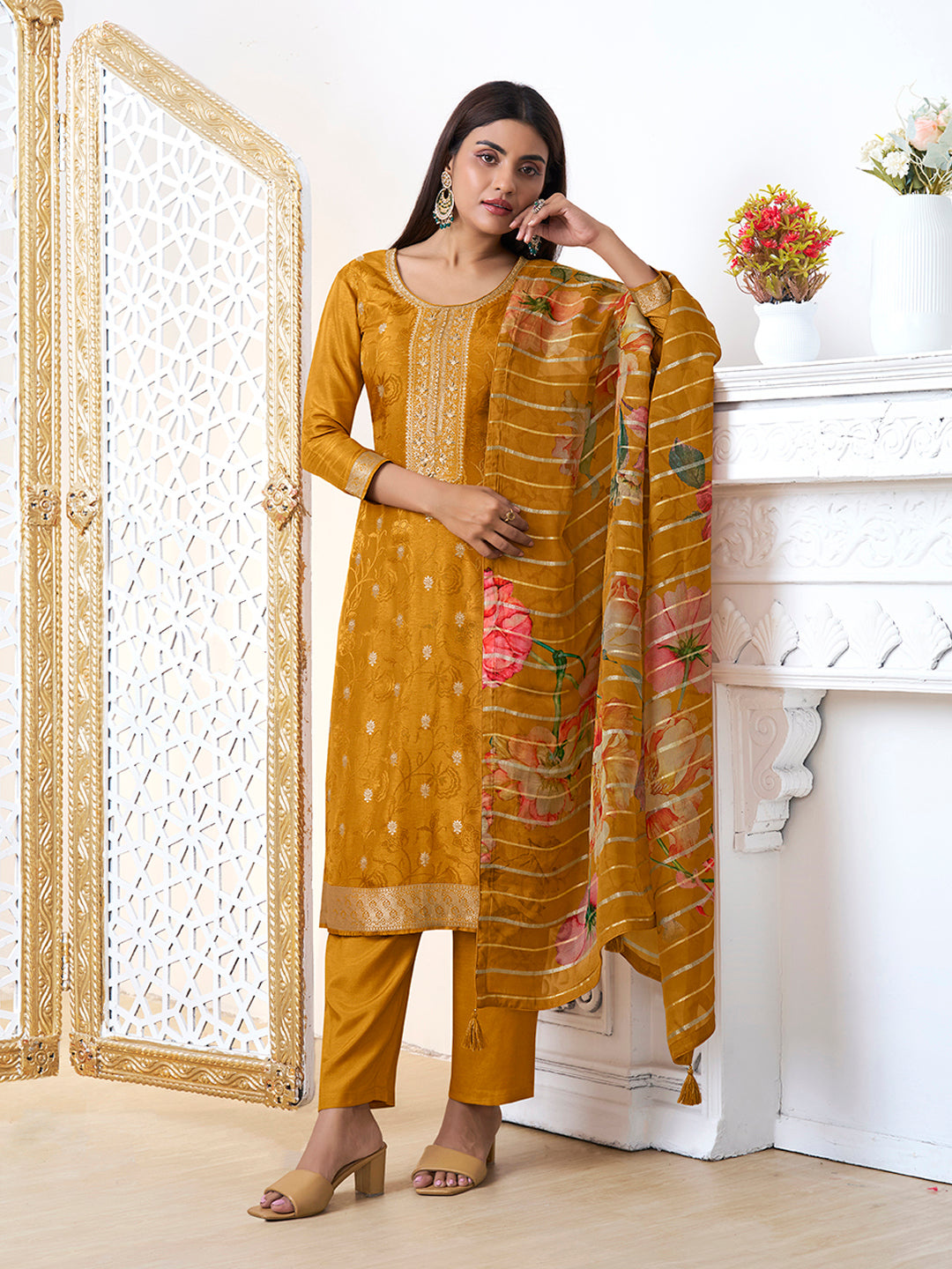 Mustard Yellow Dola Ethic Motifs Jacquard Kurta Suit Set - qivii
