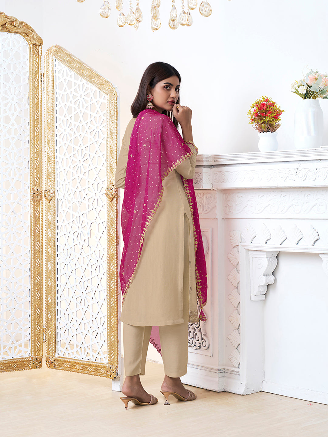 Off-White Tissue with Bandhani Print Colour Contrast Dupatta Kurta Suit Set