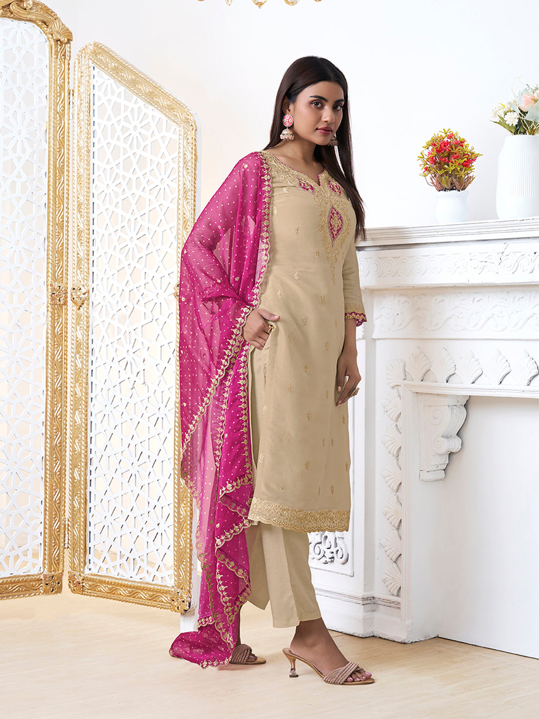 Off-White Tissue with Bandhani Print Colour Contrast Dupatta Kurta Suit Set