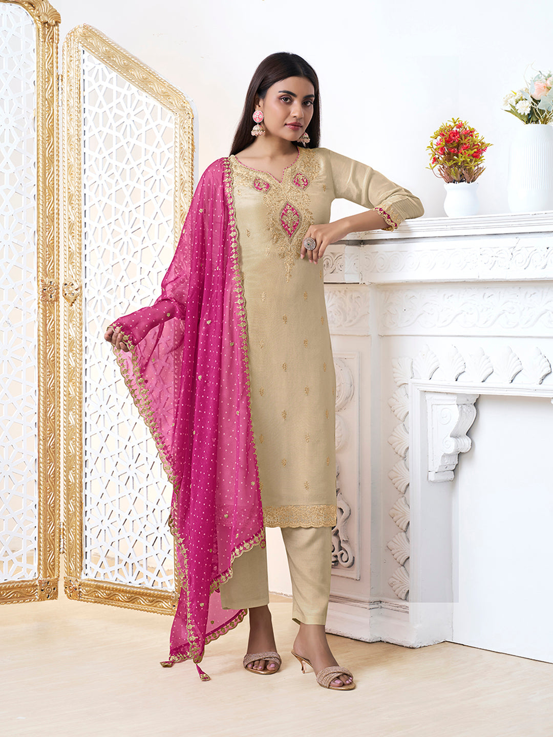 Off-White Tissue with Bandhani Print With Pink Colour Contrast Dupatta Kurta Suit Set
