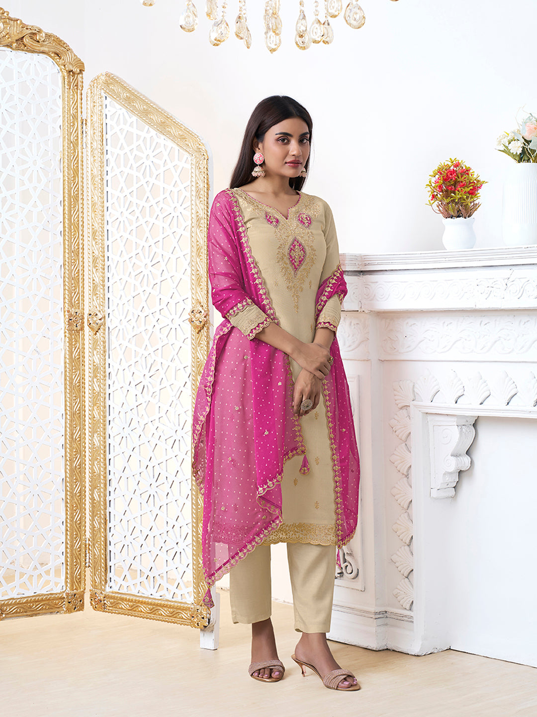 Off-White Tissue with Bandhani Print Colour Contrast Dupatta Kurta Suit Set