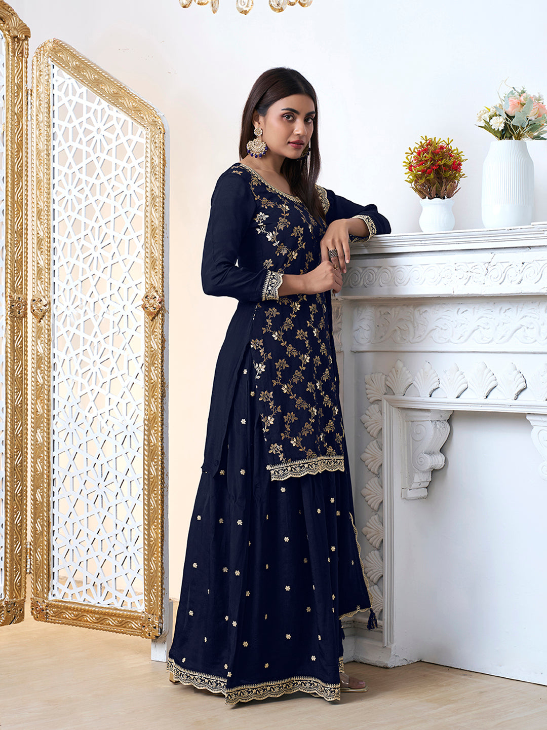 Navy Blue Floral Jaal Jacquard with Embroidered Sharara Suit Set - qivii