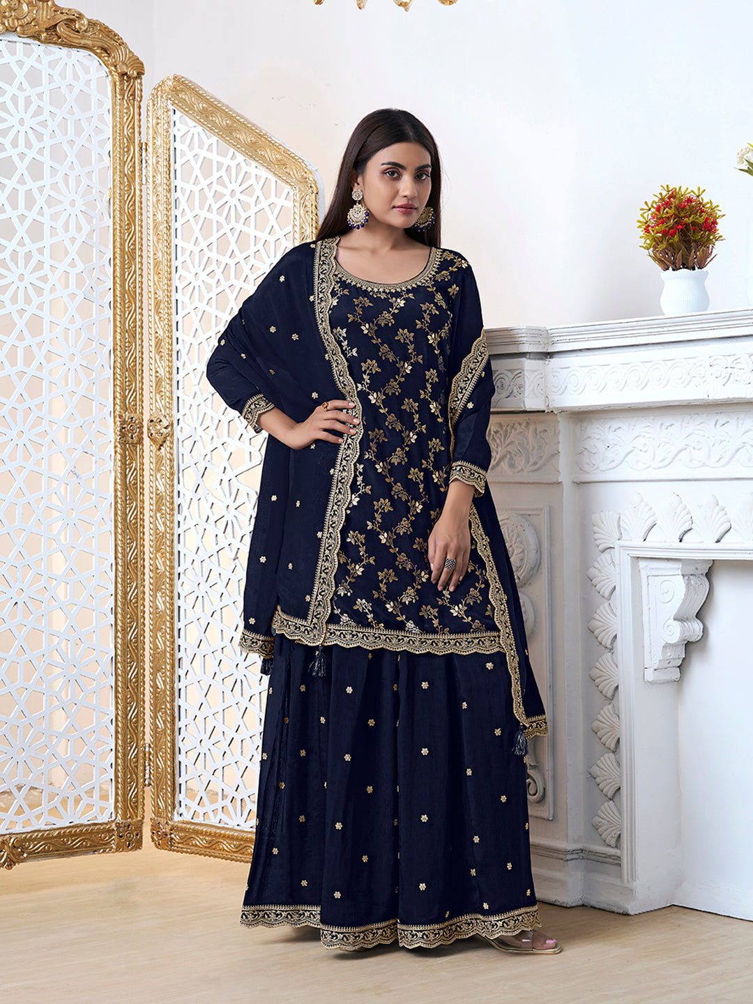 Navy Blue Floral Jaal Jacquard with Embroidered Sharara Suit Set - qivii