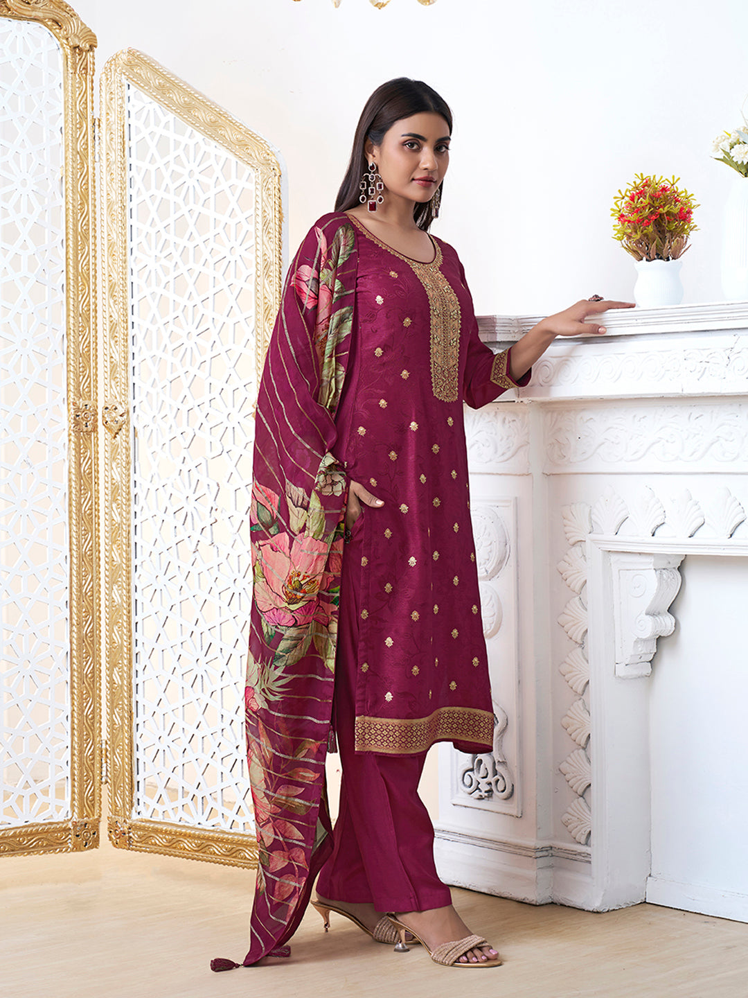 Wine Dola Ethic Motifs Jacquard Kurta Suit Set - qivii
