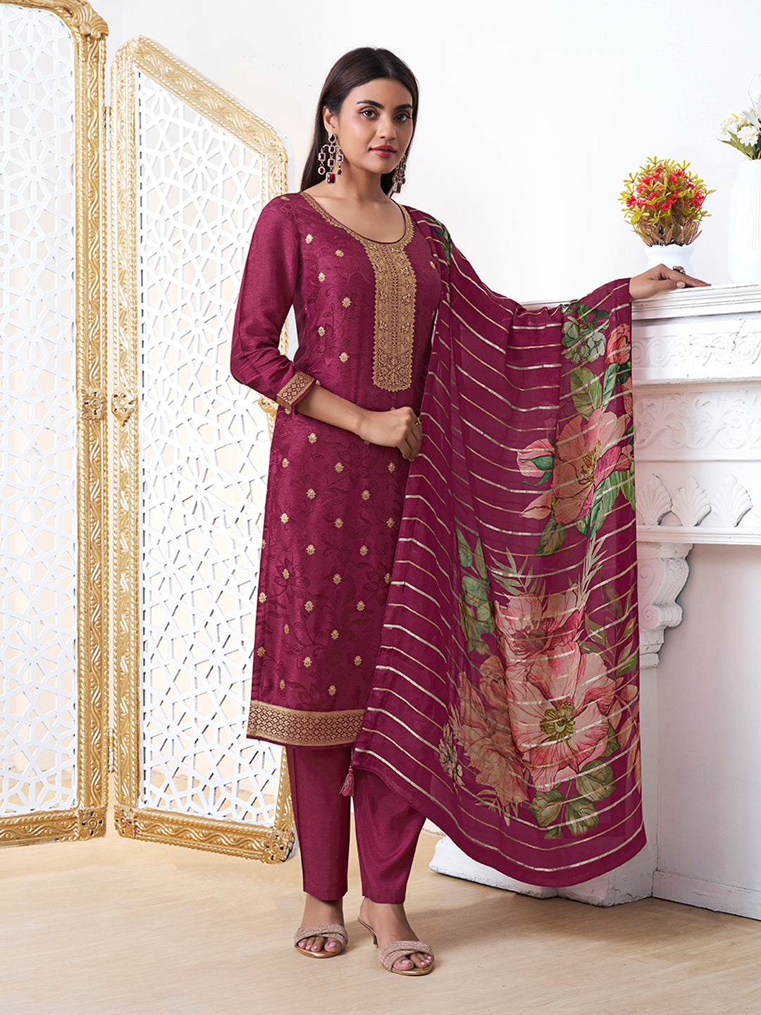 Wine Dola Ethic Motifs Jacquard Kurta Suit Set - qivii