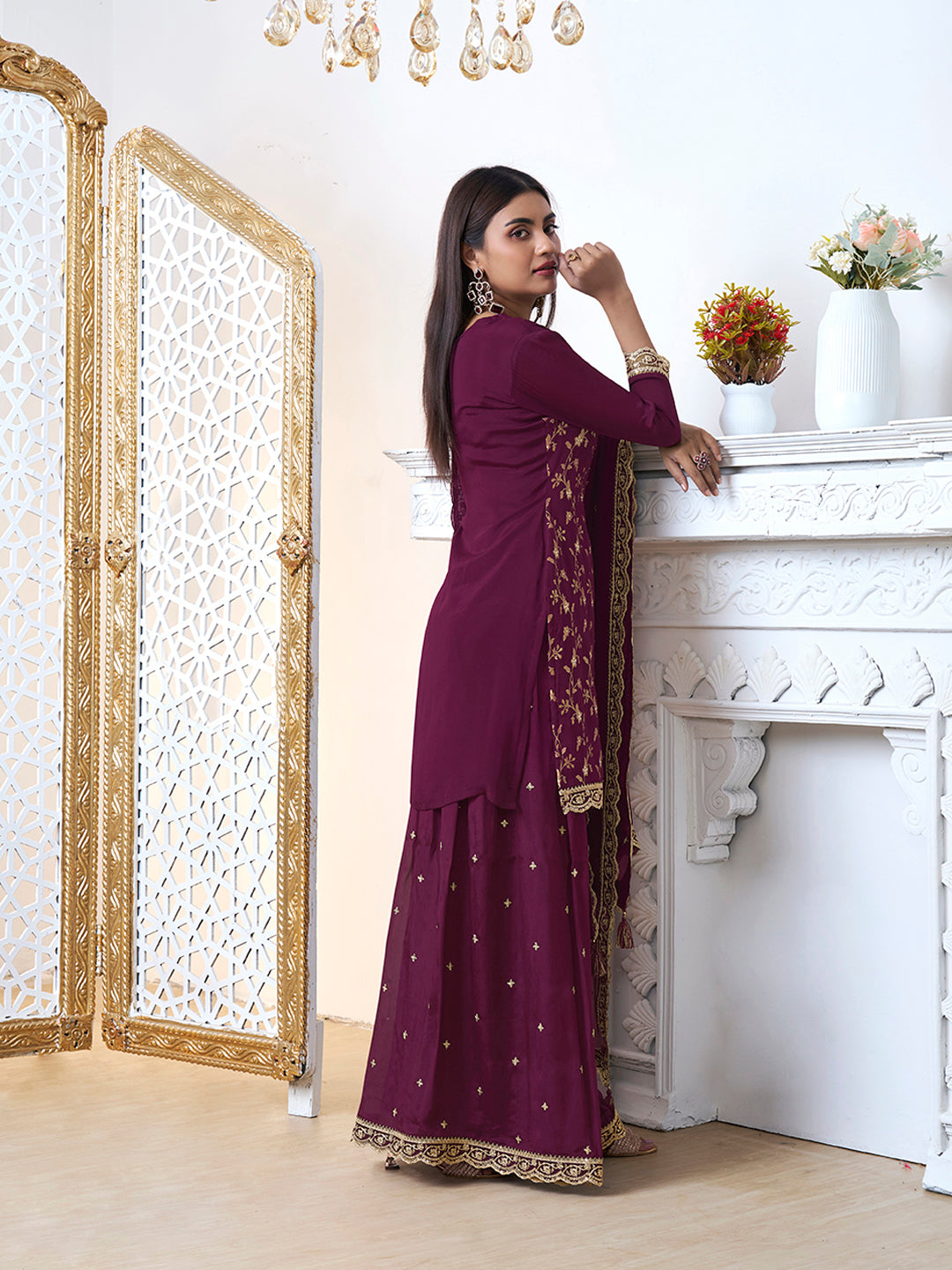 Burgundy Floral Jaal Jacquard with Embroidered Sharara Suit Set - qivii