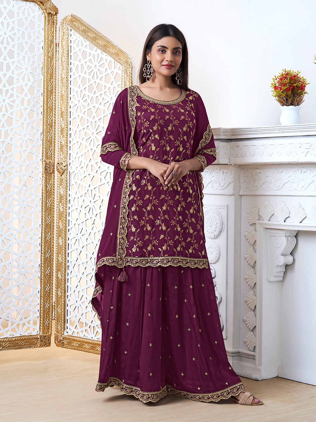 Burgundy Floral Jaal Jacquard with Embroidered Sharara Suit Set - qivii