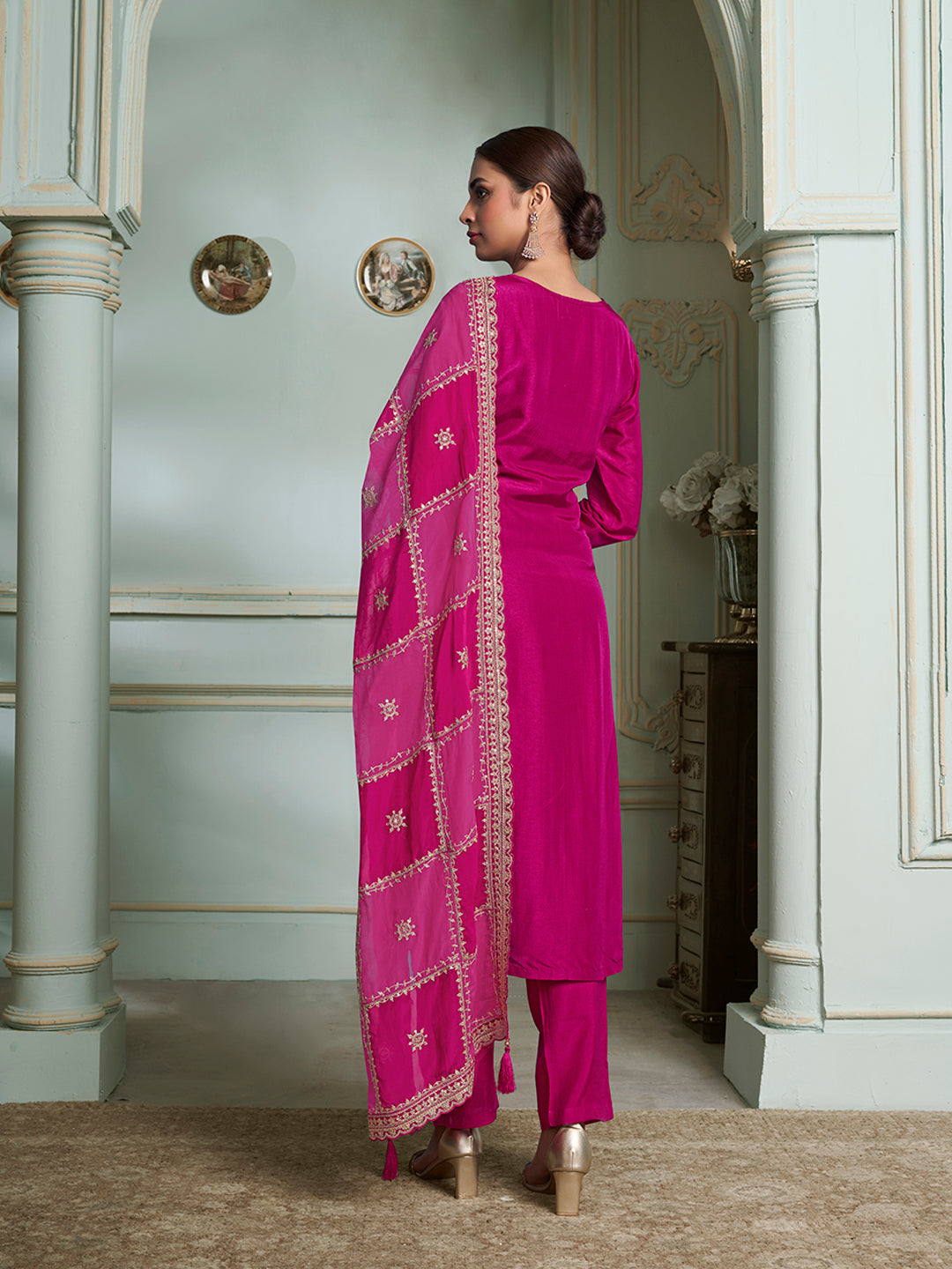 Hot Pink Kurta Set in Dola Jacquard with Sequins Embroidery