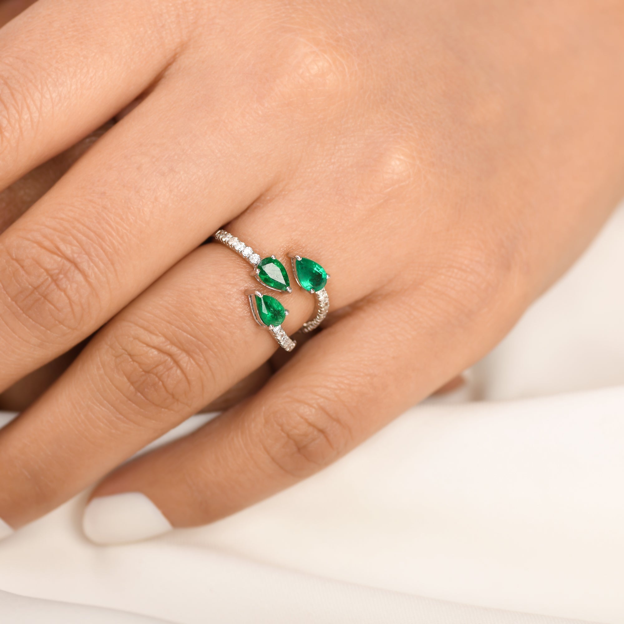 Emerald Three Pear Diamond Ring