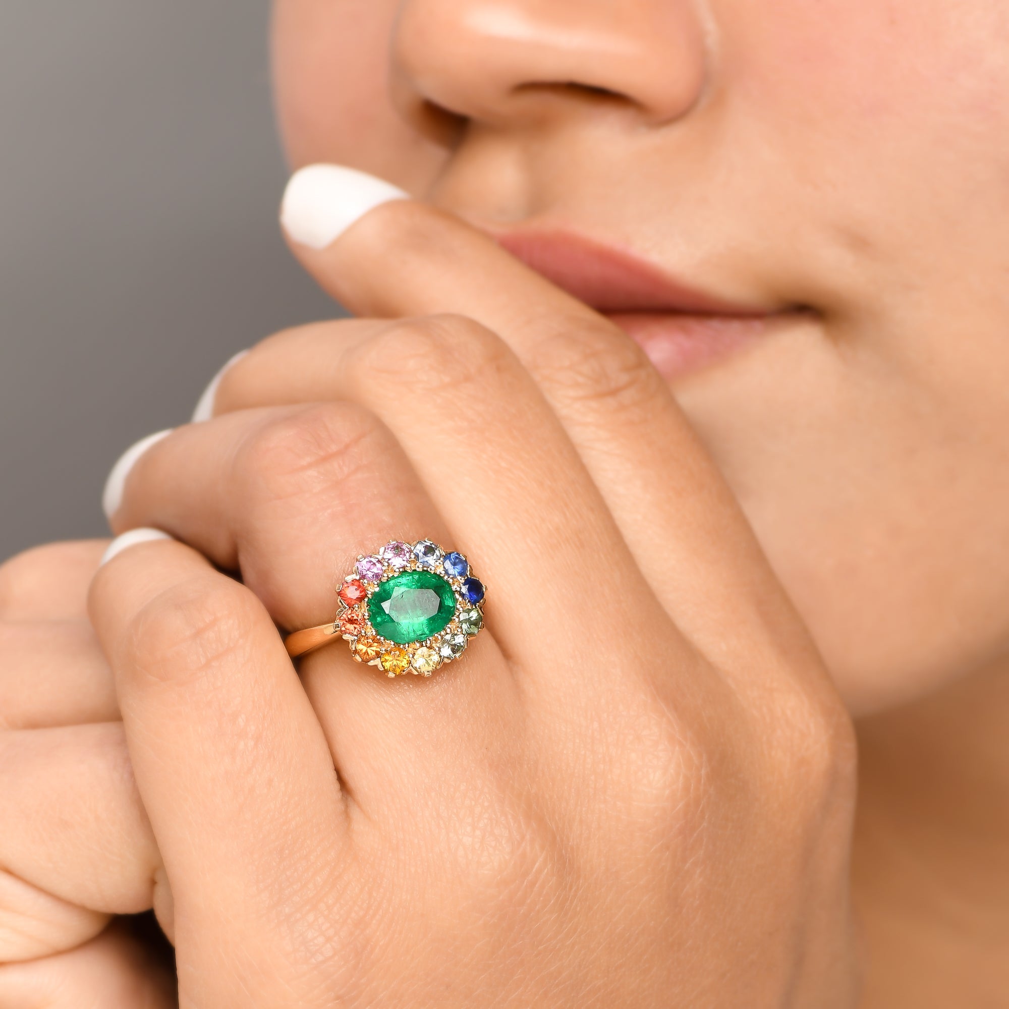 Emerald and Rainbow Gemstone Halo Ring - qivii