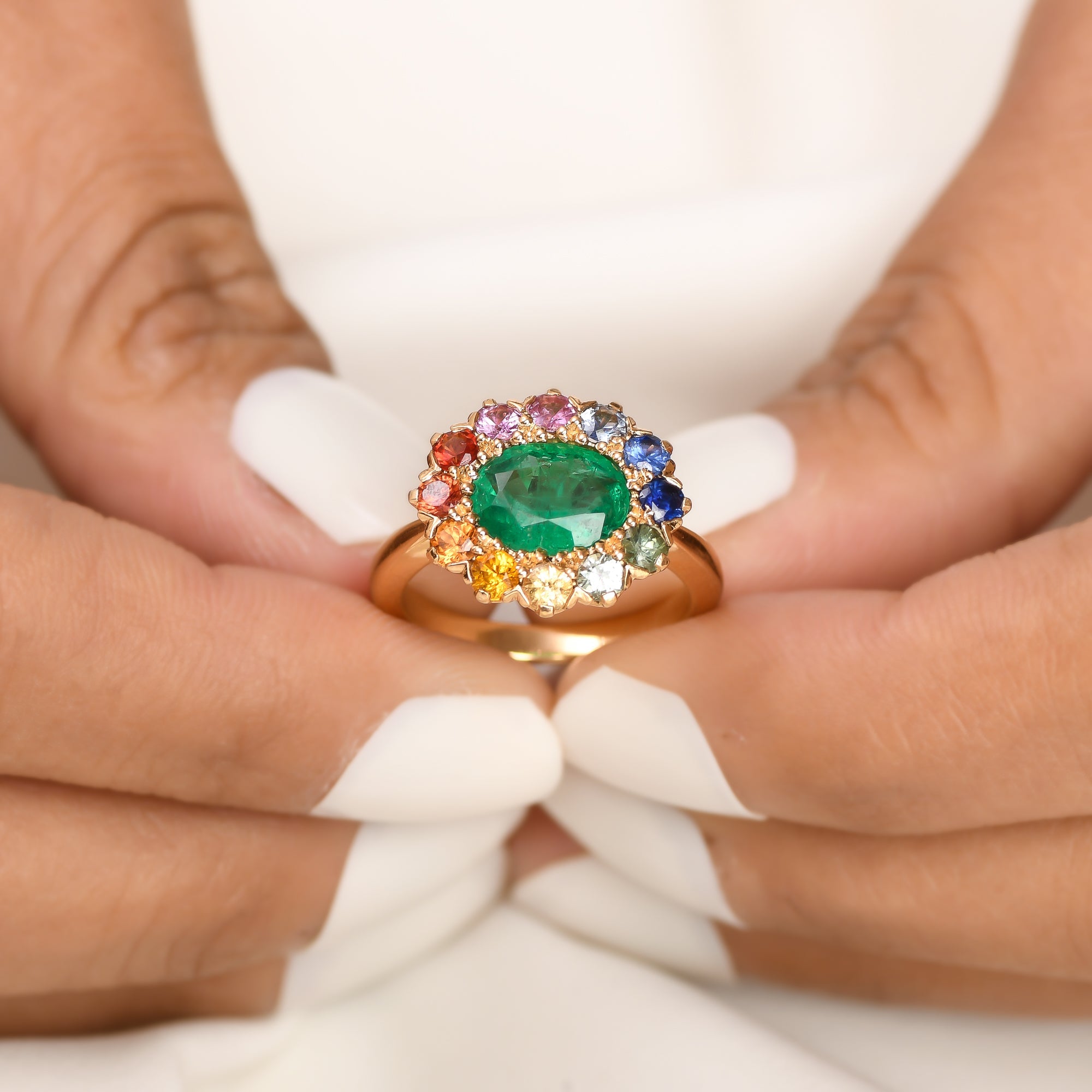 Emerald and Rainbow Gemstone Halo Ring - qivii