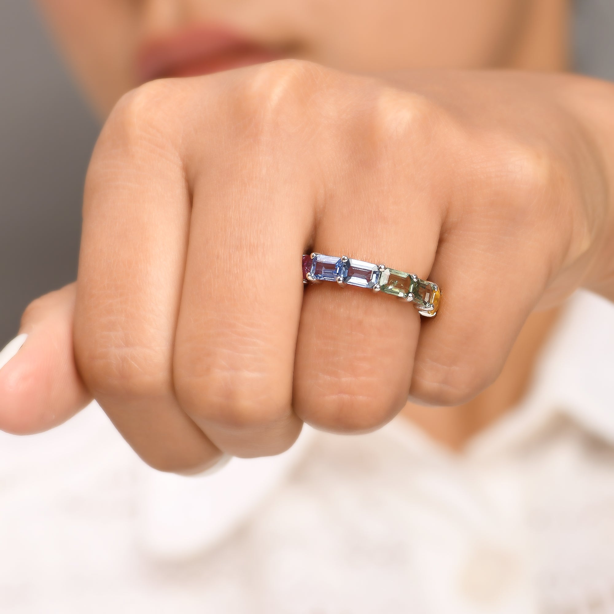 Rainbow Sapphire Emerald Cut Horizontal Ring
