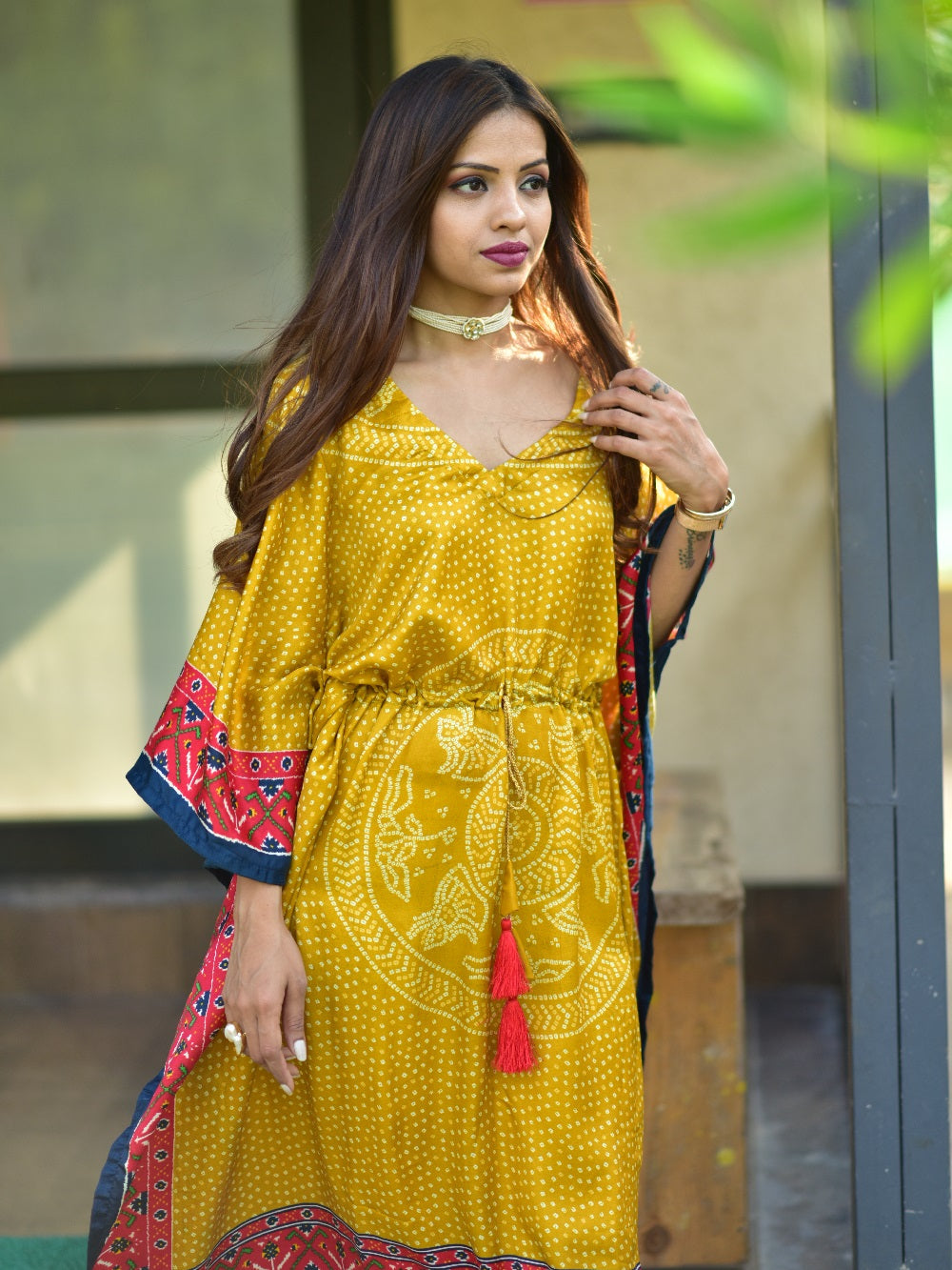 Mustard Color Digital Bandhej Print Pure Gaji Silk Kaftan - qivii